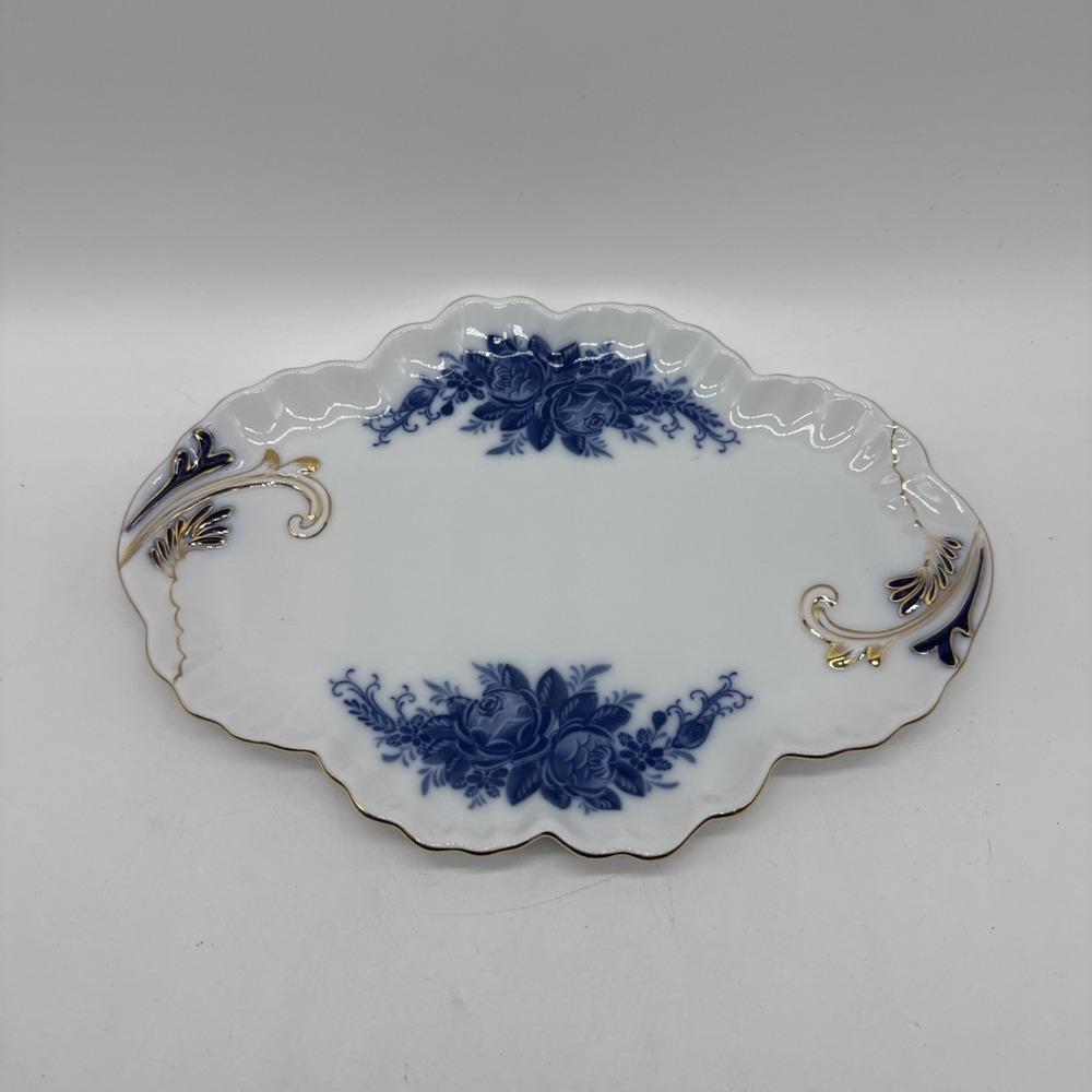 PMI Porzellan Scalloped Vintage Dish Cobalt Blue Gold Floral Granny Core Trinket